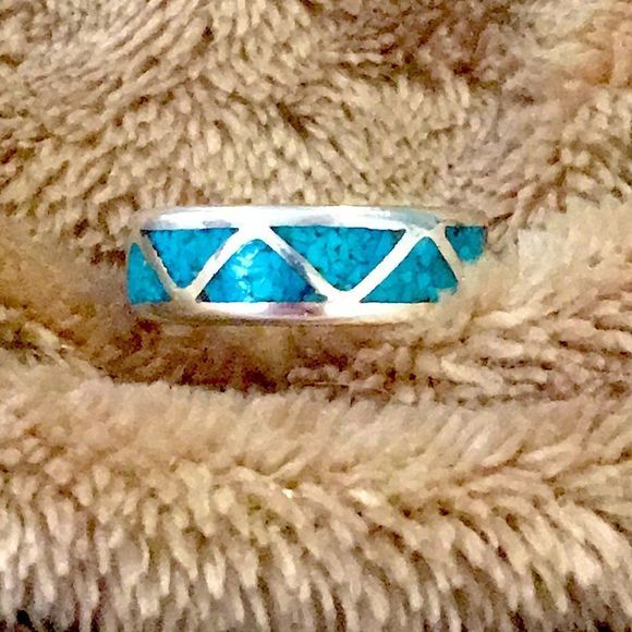VTG Sterling Silver Southwest Crushed Turquoise Inlay Ring - Picture 10 of 13
